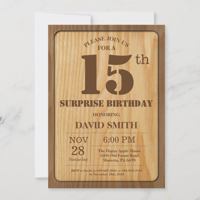 Rustic Surprise 15th Birthday Invitation Wood (Front)