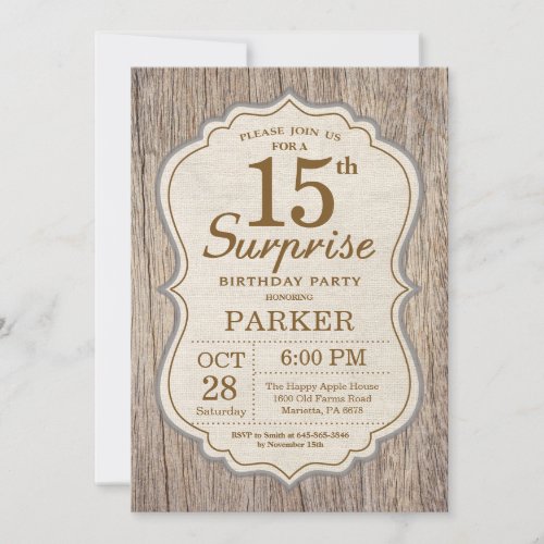 Rustic Surprise 15th Birthday Invitation Wood