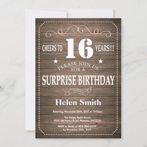 Rustic Surprise 16th Birthday Invitation