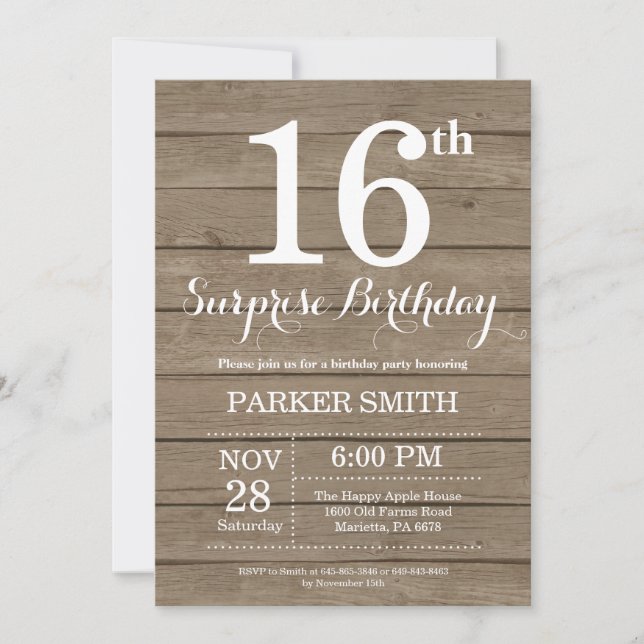 Rustic Surprise 16th Birthday Invitation (Front)