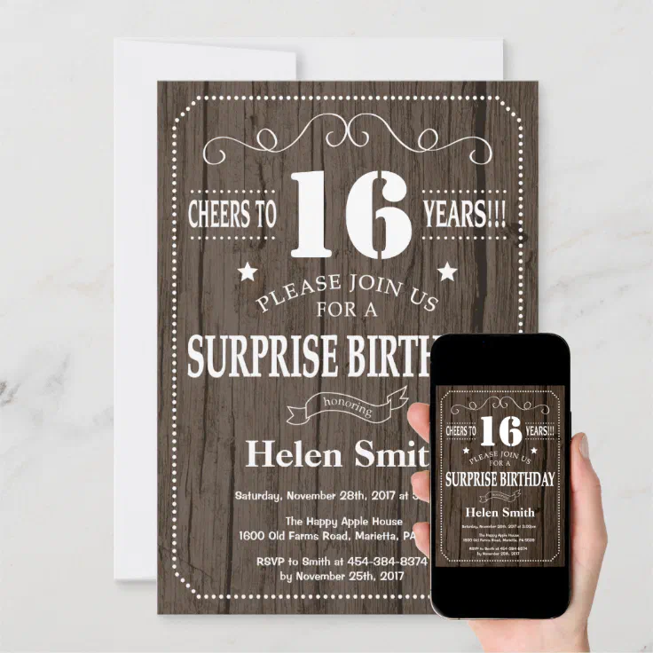 Rustic Surprise 16th Birthday Invitation | Zazzle