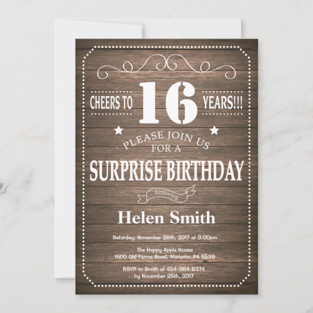 Rustic Surprise 16th Birthday Invitation (Front)