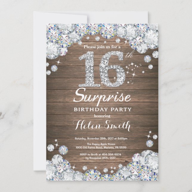 Rustic Surprise 16th Birthday Silver Diamond Invitation (Front)