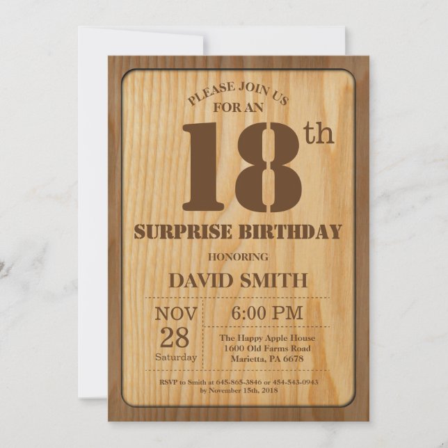 Rustic Surprise 18th Birthday Invitation Wood (Front)
