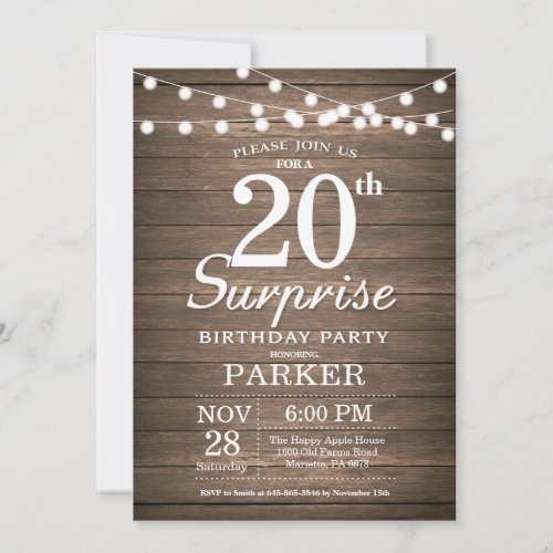 Rustic Surprise 20th Birthday Invitation Wood