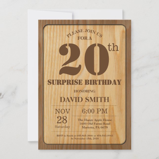 Rustic Surprise 20th Birthday Invitation Wood (Front)