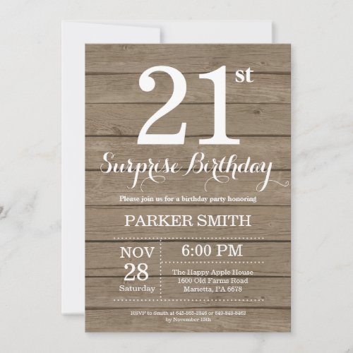 Rustic Surprise 21st Birthday Invitation