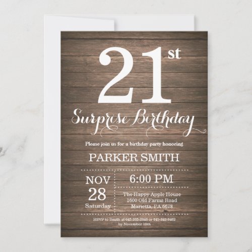 Rustic Surprise 21st Birthday Invitation