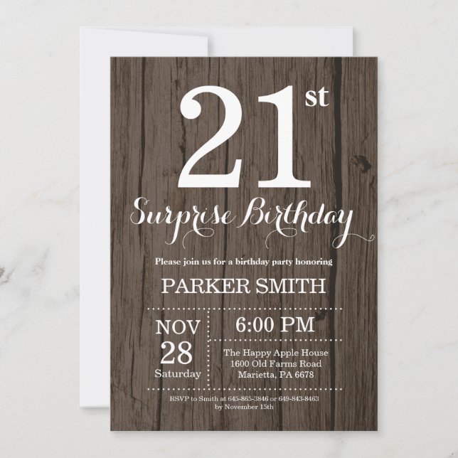 Rustic Surprise 21st Birthday Invitation (Front)