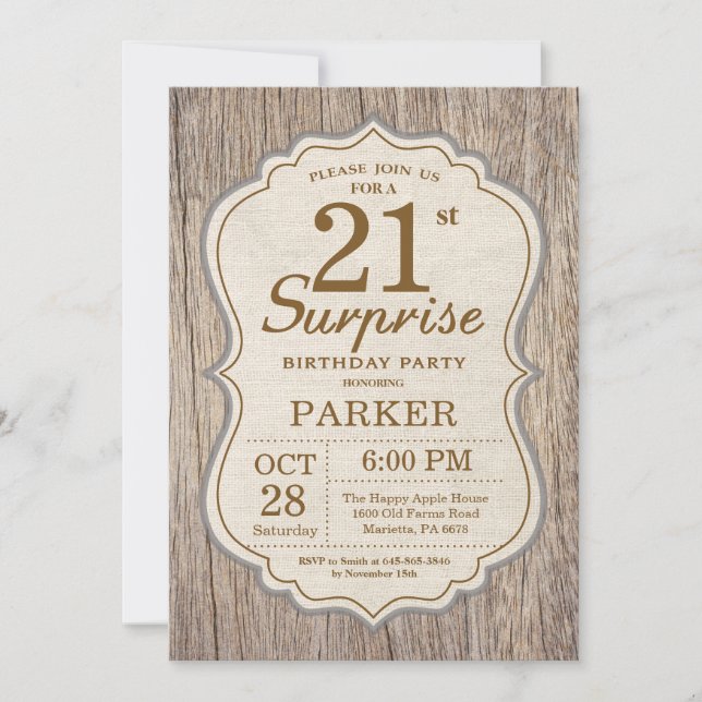 Rustic Surprise 21st Birthday Invitation Wood (Front)