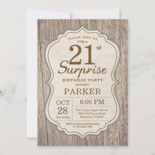 Rustic Surprise 21st Birthday Invitation Wood