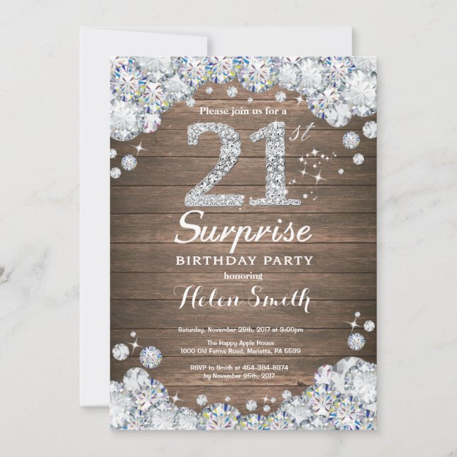 Rustic Surprise 21st Birthday Silver Diamond Invitation (Front)