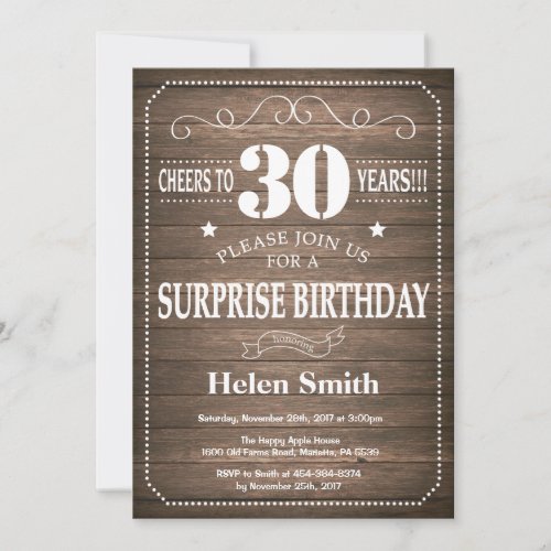 Rustic Surprise 30th Birthday Invitation