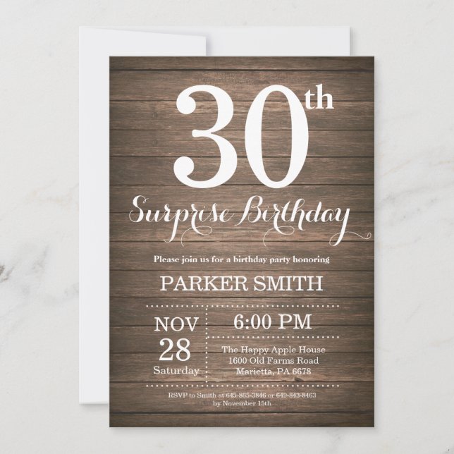 Rustic Surprise 30th Birthday Invitation (Front)