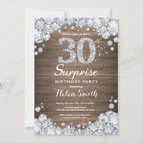 Rustic Surprise 30th Birthday Silver Diamond Invitation