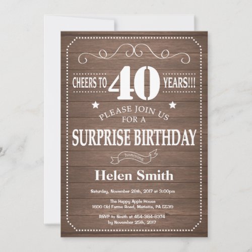 Rustic Surprise 40th Birthday Invitation