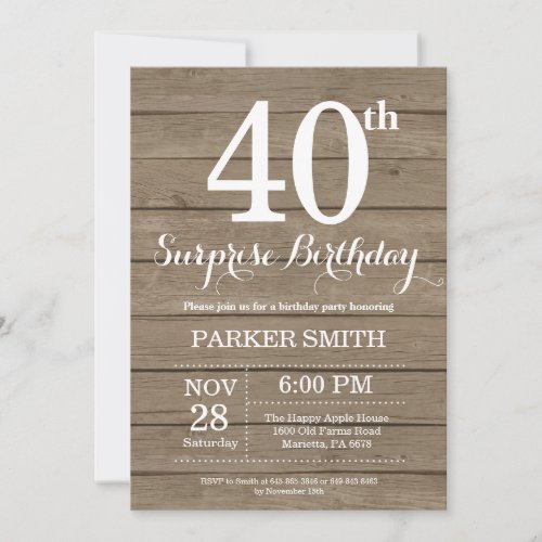 Rustic Surprise 40th Birthday Invitation