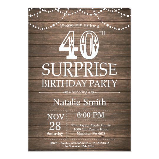 Rustic Surprise 40th Birthday Invitation | Zazzle.com