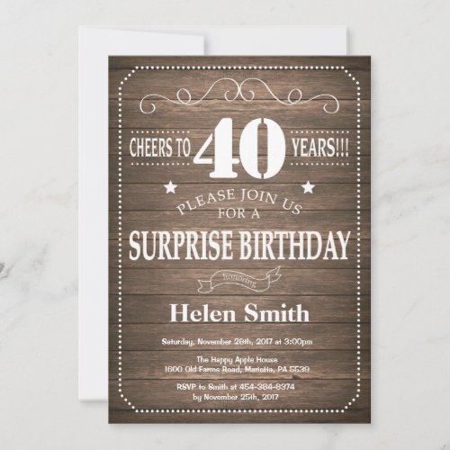 Rustic Surprise 40th Birthday Invitation