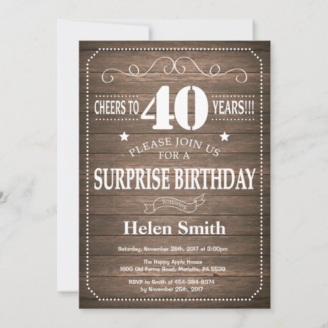 Rustic Surprise 40th Birthday Invitation (Front)