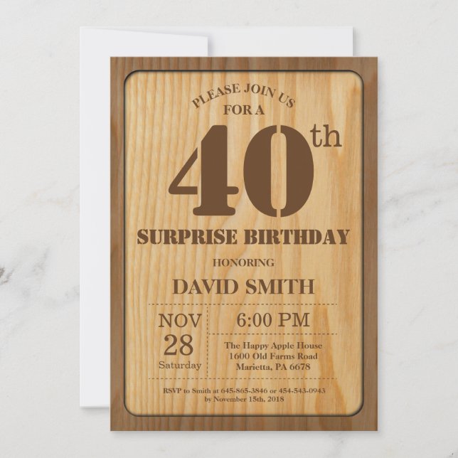 Rustic Surprise 40th Birthday Invitation Wood (Front)