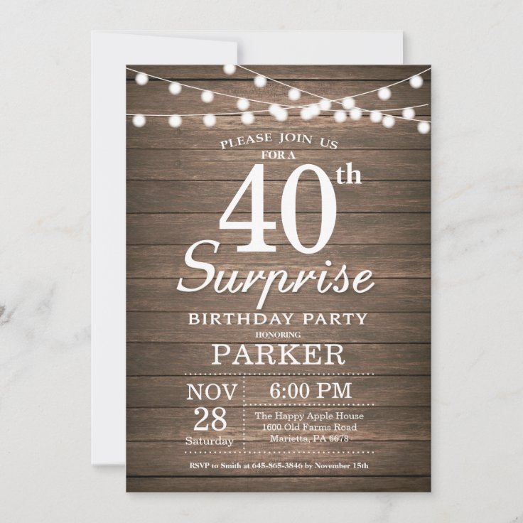 Rustic Surprise 40th Birthday Invitation Wood | Zazzle