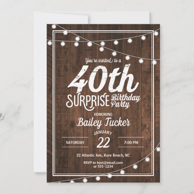 Rustic Surprise 40th Birthday Party Invitation (Front)
