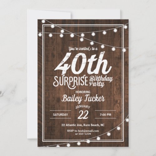 Rustic Surprise 40th Birthday Party Invitation