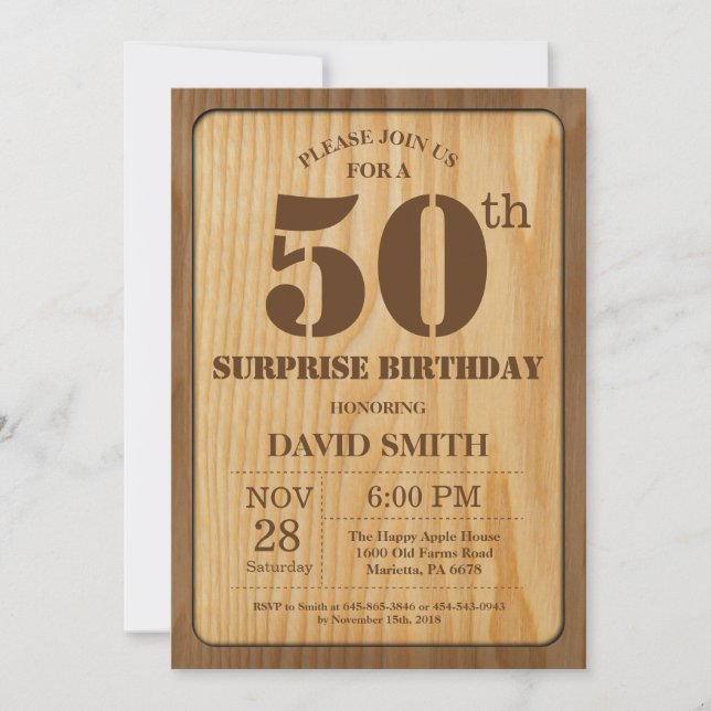 Rustic Surprise 50th Birthday Invitation Wood (Front)