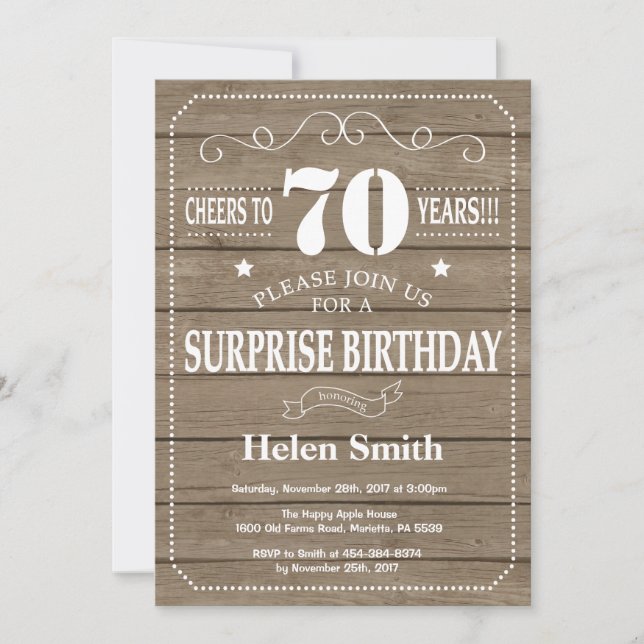 Rustic Surprise 70th Birthday Invitation (Front)