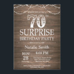 Rustic Surprise 70th Birthday Invitation<br><div class="desc">Rustic Surprise 70th Birthday Invitation with Rustic Wood Background. String Lights. Country Vintage Retro. Adult Birthday. Male Men or Women Birthday. For further customization,  please click the "Customize it" button and use our design tool to modify this template.</div>