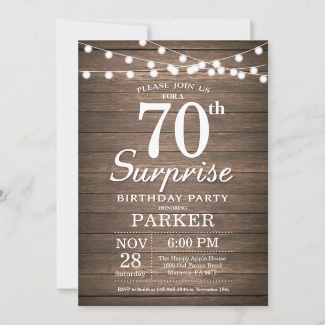 Rustic Surprise 70th Birthday Invitation Wood (Front)