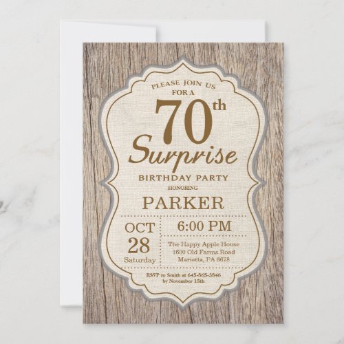 Rustic Surprise 70th Birthday Invitation Wood