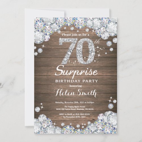 Rustic Surprise 70th Birthday Silver Diamond Invitation