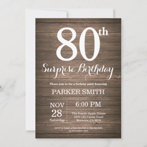 Rustic Surprise 80th Birthday Invitation
