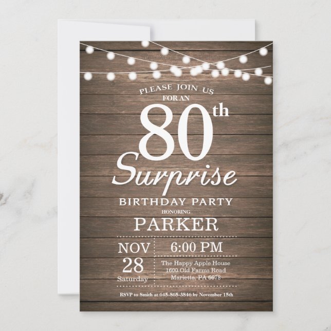Rustic Surprise 80th Birthday Invitation Wood (Front)