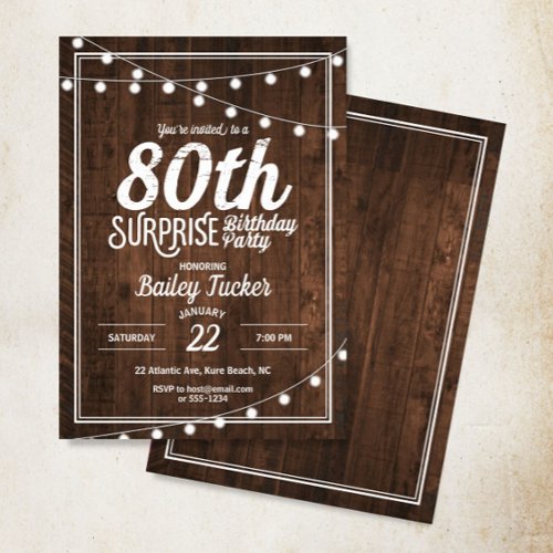 Rustic Surprise 80th Birthday Party Invitation