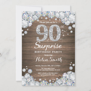 Rustic Surprise 90th Birthday Silver Diamond Invitation