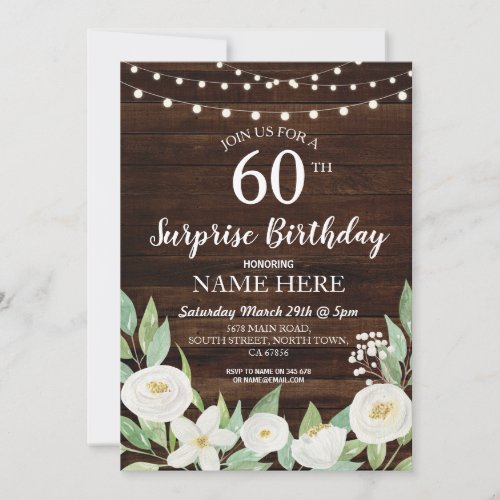 Rustic Surprise Birthday Party Any Age Wood Floral Invitation