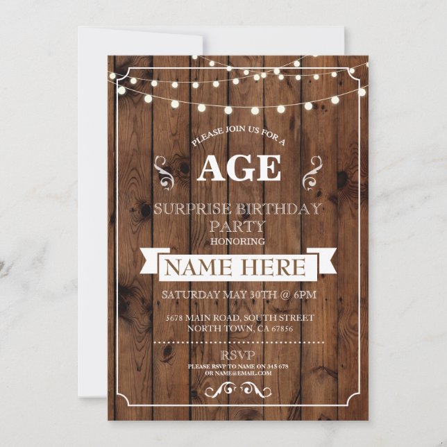 Rustic Surprise Birthday Party Any Age wood Invite (Front)