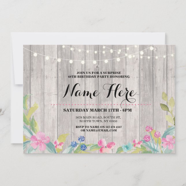 Rustic Surprise Birthday Party Floral Pink Invite (Front)