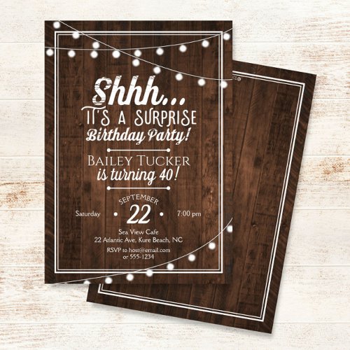 Rustic Surprise Birthday String Lights on Wood Invitation