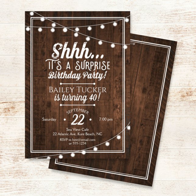 Rustic Surprise Birthday String Lights on Wood Invitation (Creator Uploaded)
