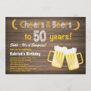 Rustic Surprise Cheers and Beers 50th Birthday Invitation