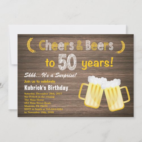 Rustic Surprise Cheers and Beers 50th Birthday Invitation