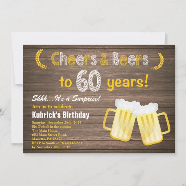 Rustic Surprise Cheers and Beers 60th Birthday Invitation (Front)