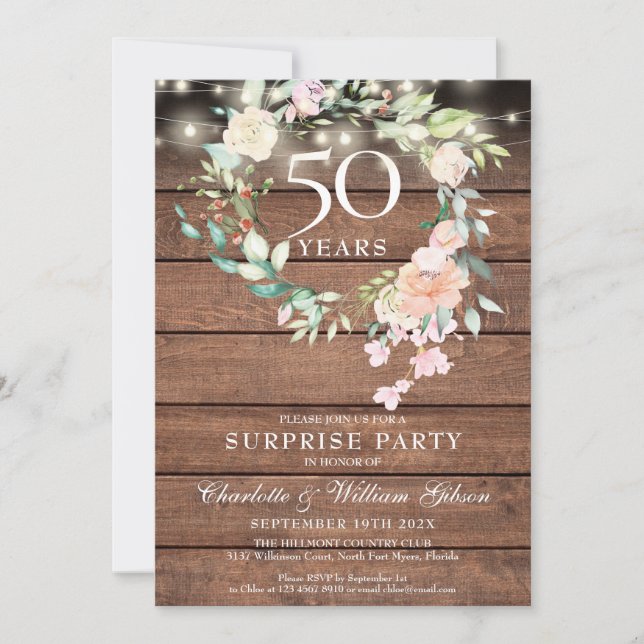 Rustic Surprise Party 50th Anniversary Floral Invitation (Front)