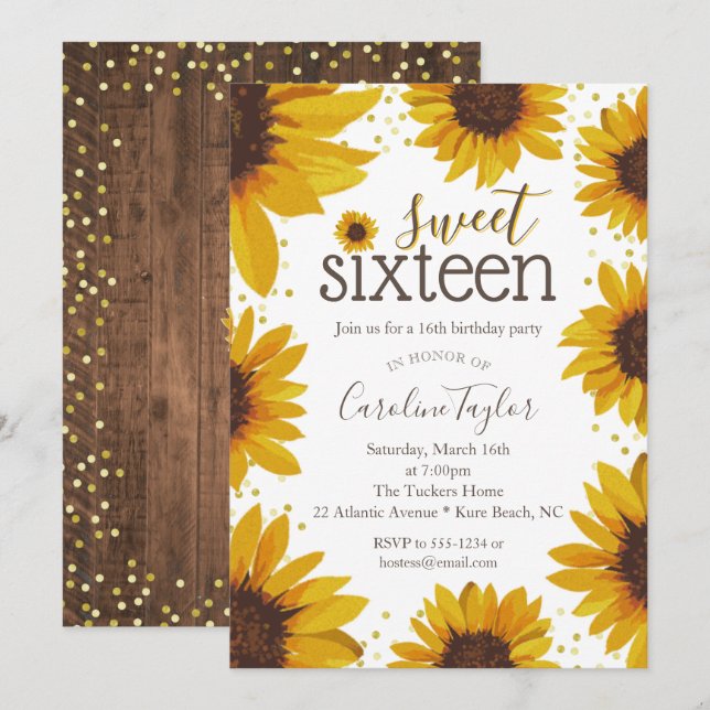 Rustic Sweet 16 Birthday Sunflowers Invitation (Front/Back)