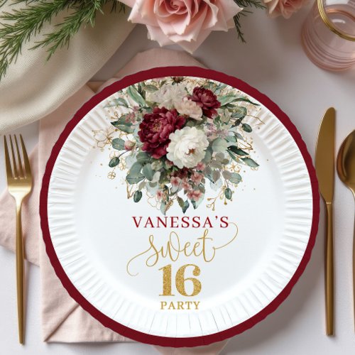 Rustic Sweet 16 Blush Burgundy Eucalyptus Plates