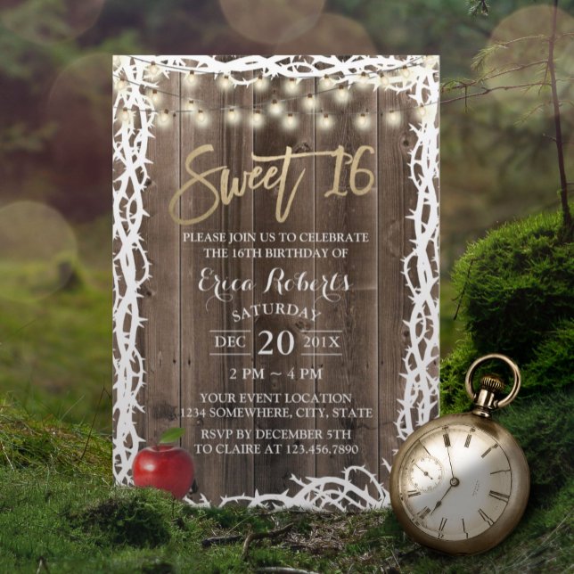 Rustic Sweet 16 Fairytale Apple & Thorn Birthday Invitation